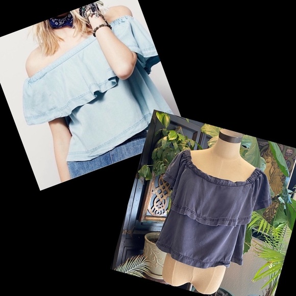 Free People chambray off the shoulder crop top - Picture 2 of 13